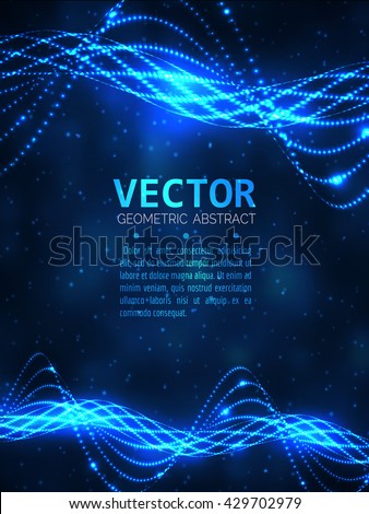 Abstract glowing spiral, particles lights. Dark 3d wireframe background. Bright blue lines. Vector graphic.
