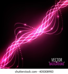 Abstract glowing spiral. Vector particles lights. Abstract dark pink background. 
