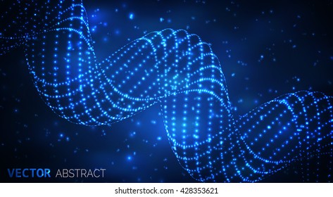 Abstract glowing spiral. Vector particles lights. Abstract dark background.