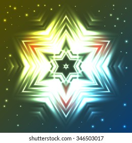 Abstract glowing star on dark blue and green gradient background with sparkles