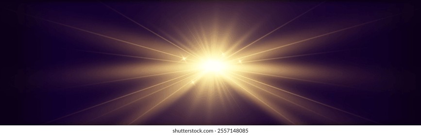 Abstract glowing starburst light with golden rays on dark purple background, creating a soft, radiant, and dynamic effect. Perfect for designs, backdrops, or visual themes.