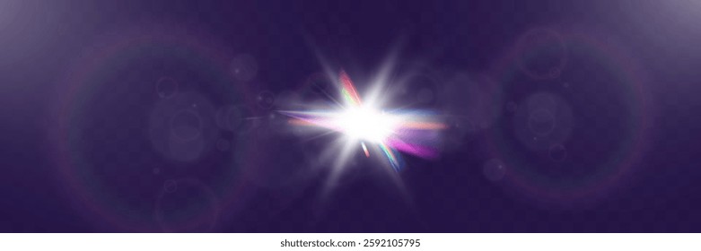 Abstract glowing starburst light with light rays on dark purple background, creating a soft, radiant, and dynamic effect. Perfect for designs, backdrops, or visual themes.