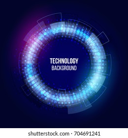Abstract glowing technology circles with dots and binary code. Science vector illustration