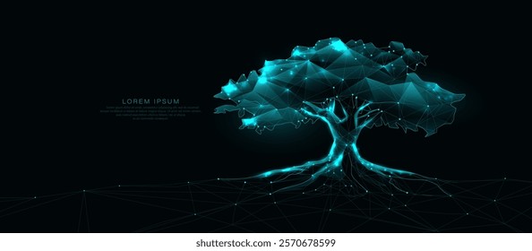 Abstract glowing tree illustration with polygonal connections, representing technology and nature harmony