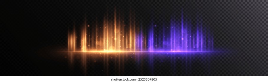 Abstract glowing vertical lighting lines on dark background. Futuristic glow effect for game interface design. Luxury design style. Vector illustration