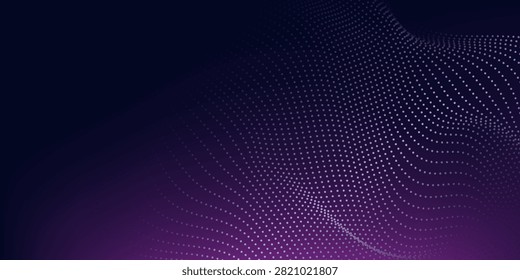 Abstract glowing virtual neural network. Particles form line and surface grid. microcosm or space. Big data visualization. Abstract wave with moving dots. Flow of particles.