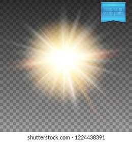 Abstract  glowing warm yellow sun, star burst on transparent background. Vector illustration with light effects of flare and radiant light beams.
