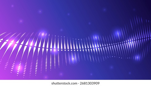 Abstrakte leuchtende Welle von Punkten und Linien in violettem und blauem Farbverlauf, die futuristische Technologie, digitale Schallwellen und moderne Innovation symbolisieren.