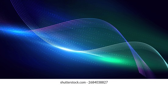 Abstract glowing wave dynamic on dark background with lighting effect. Technology data connection concept. Vector illustration