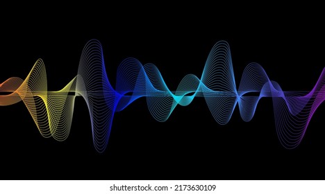 Abstract glowing wave lines, dynamic flowing colorful light isolated on black background. Vector illustration design of music, party, technology, modern concept.