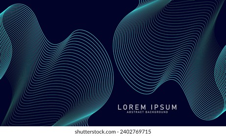 Abstrakte, leuchtende Wellenlinien auf dunkelblauem Hintergrund. Dynamisches Wellenmuster. Moderne, fließende gewölbte Linien. Futuristisches Technologiekonzept. Anzug für Banner, Poster, Cover, Broschüre, Flyer, Website