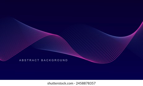 Abstractas líneas de onda brillantes sobre fondo azul oscuro. Patrón de onda dinámica. Líneas onduladas fluidas modernas. Concepto de tecnología futurista. Traje para el Anuncio, póster, cubierta, folleto, folleto, Sitio web