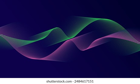 Abstract glowing wave lines on dark blue background. Dynamic wave pattern. Modern flowing wavy lines. Futuristic technology concept. Suit for banner, poster, cover, brochure, flyer, website