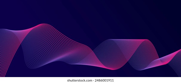 Abstract glowing wave lines on dark blue background. Dynamic wave pattern. Modern flowing wavy lines. Futuristic technology concept. Suit for banner, poster, cover, brochure, flyer, website