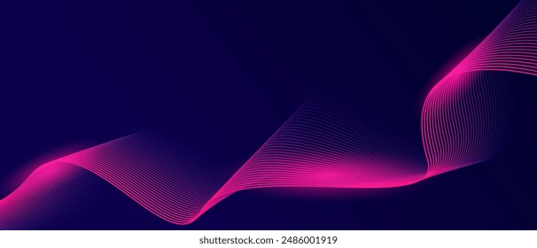 Abstract glowing wave lines on dark blue background. Dynamic wave pattern. Modern flowing wavy lines. Futuristic technology concept. Suit for banner, poster, cover, brochure, flyer, website
