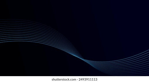 Abstractas líneas de onda brillantes sobre fondo azul oscuro. Patrón de onda dinámica. Líneas onduladas fluidas modernas. Concepto de tecnología futurista. Traje para el Anuncio, póster, cubierta, folleto, folleto, Sitio web
