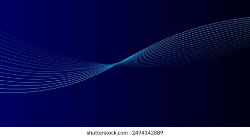 Abstractas líneas de onda brillantes sobre fondo azul oscuro. Patrón de onda dinámica. Líneas onduladas fluidas modernas. Concepto de tecnología futurista. Traje para el Anuncio, póster, cubierta, folleto, folleto, Sitio web