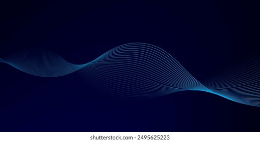 Abstractas líneas de onda brillantes sobre fondo azul oscuro. Patrón de onda dinámica. Líneas onduladas fluidas modernas. Concepto de tecnología futurista. Traje para el Anuncio, póster, cubierta, folleto, folleto, Sitio web