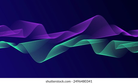 Abstract glowing wave lines on dark blue background. Dynamic wave pattern. Modern flowing wavy lines. Futuristic technology concept. Suit for banner, poster, cover, brochure, flyer, website
