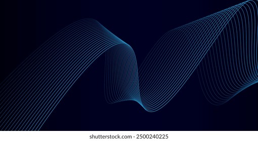 Abstract glowing wave lines on dark blue background. Dynamic wave pattern. Modern flowing wavy lines. Futuristic technology concept. Suit for banner, poster, cover, brochure, flyer, website