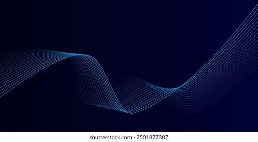 Líneas de onda brillantes Abstractas sobre fondo azul oscuro. Patrón de onda dinámica. Líneas onduladas que fluyen modernas. Concepto de tecnología futurista. Traje para el Anuncio, cartel, cubierta, folleto, volante, Sitio web