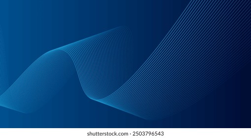 Abstract glowing wave lines on dark blue background. Dynamic wave pattern. Modern flowing wavy lines. Futuristic technology concept. Suit for banner, poster, cover, brochure, flyer, website
