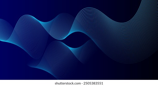Líneas de onda brillantes Abstractas sobre fondo azul oscuro. Patrón de onda dinámica. Líneas onduladas que fluyen modernas. Concepto de tecnología futurista. Traje para el Anuncio, cartel, cubierta, folleto, volante, Sitio web