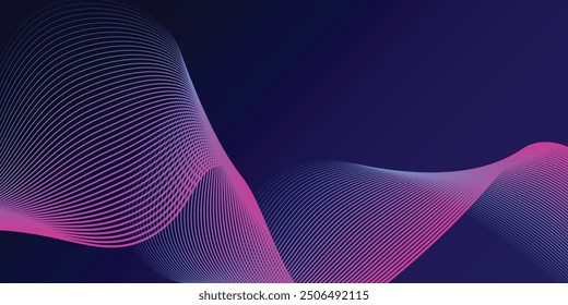 Líneas de onda brillantes Abstractas sobre fondo azul oscuro. Patrón de onda dinámica. Líneas onduladas que fluyen modernas. Concepto de tecnología futurista. Traje para el Anuncio, cartel, digital