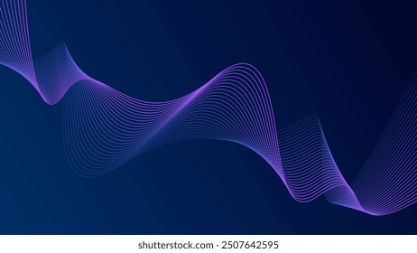 Abstract glowing wave lines on dark blue background. Dynamic wave pattern. Modern flowing wavy lines. Futuristic technology concept. Suit for banner, poster, cover, brochure, flyer, website