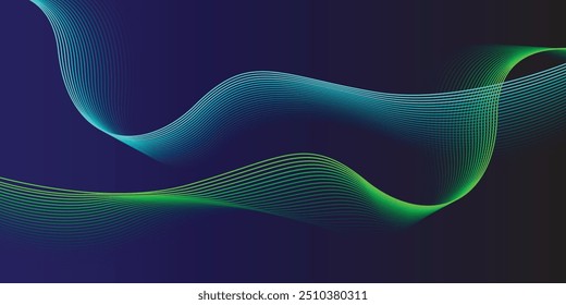 Linhas de onda brilhantes abstratas em fundo azul escuro. Padrão de onda dinâmico. Modernas linhas onduladas fluindo. Conceito de tecnologia futurista. Terno para banner, cartaz, capa, folheto, folheto, página, EPS10