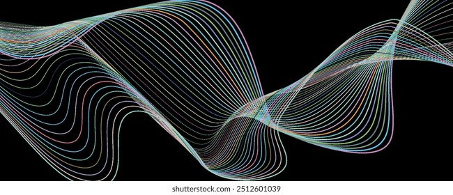 Abstract glowing wave lines on black background. Dynamic wave pattern. Modern flowing wavy lines. Futuristic technology concept. Suit for banner, poster, cover, brochure, flyer, website