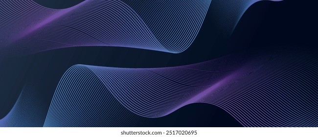 Linhas de onda brilhantes abstratas em fundo azul escuro. Padrão de onda dinâmico. Modernas linhas onduladas fluindo. Conceito de tecnologia futurista. Terno para banner, cartaz, capa, brochura, folheto, site