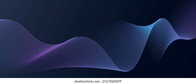 Linhas de onda brilhantes abstratas em fundo azul escuro. Padrão de onda dinâmico. Modernas linhas onduladas fluindo. Conceito de tecnologia futurista. Terno para banner, cartaz, capa, brochura, folheto, site