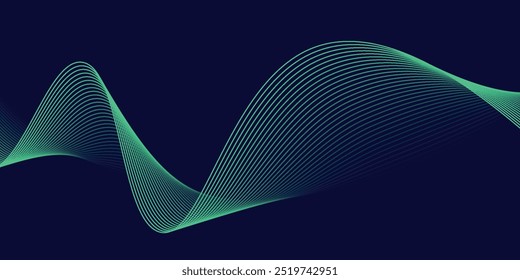 Linhas de onda brilhantes abstratas em fundo azul escuro. Padrão de onda dinâmico. Modernas linhas onduladas fluindo. Conceito de tecnologia futurista. Terno para banner, cartaz,