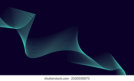 Linhas de onda brilhantes abstratas em fundo azul escuro. Padrão de onda dinâmico. Modernas linhas onduladas fluindo. Conceito de tecnologia futurista. Terno para banner, cartaz, capa, brochura, folheto, site