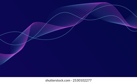 Abstract glowing wave lines on dark blue background. Dynamic wave pattern. Modern flowing wavy lines. Futuristic technology concept. Suit for banner, poster, cover, brochure, flyer, website