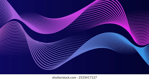 Líneas de onda brillantes Abstractas sobre fondo azul oscuro. Patrón de onda dinámica. Líneas onduladas que fluyen modernas. Concepto de tecnología futurista. Traje para el Anuncio, cartel, cubierta, folleto, volante, Sitio web