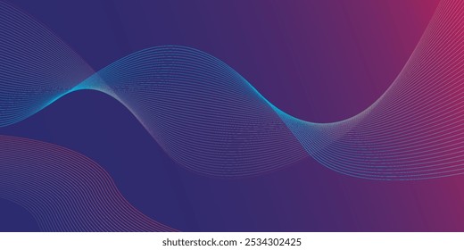 Linhas de onda brilhantes abstratas em fundo de gradiente azul escuro. Padrão de onda dinâmico. Modernas linhas onduladas fluindo. Conceito de tecnologia futurista.