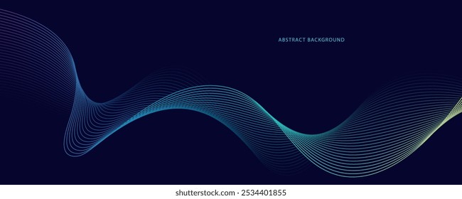 Abstrakte leuchtende Wellenlinien auf dunkelblauem Hintergrund. Dunkler abstrakter Hintergrund mit glänzender bewegter Linie. Moderne fließende Wellenlinien Anzug für Banner, Poster, Cover, Broschüre, Flyer, Website. 