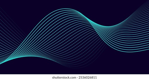 Líneas de onda brillantes Abstractas sobre fondo azul oscuro. Patrón de onda dinámica. Líneas onduladas que fluyen modernas. Concepto de tecnología futurista. Traje para el Anuncio, cartel, cubierta, folleto, volante, Sitio web