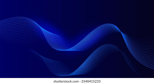 Abstrato linhas de ondas brilhantes no fundo azul escuro com padrão dinâmico e fluente. Ideal para designs e banners de tecnologia futurista.