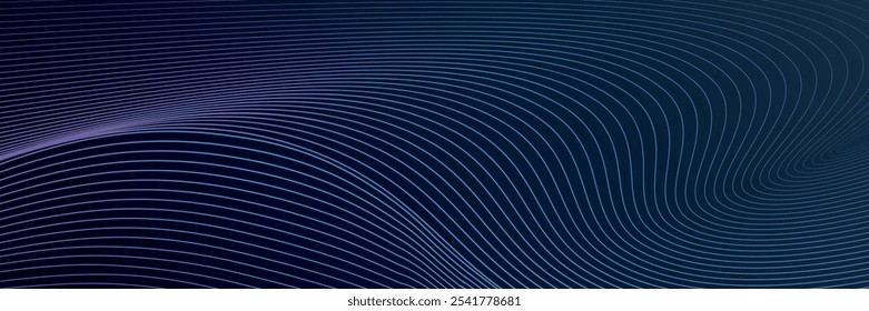 Líneas de onda brillantes Abstractas sobre fondo azul oscuro. Patrón de onda dinámica. Líneas onduladas que fluyen modernas. Concepto de tecnología futurista.