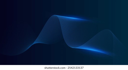 Linhas de onda brilhantes abstratas em fundo azul escuro. Padrão de onda dinâmico. Modernas linhas onduladas fluindo. Conceito de tecnologia futurista. Terno para banner, cartaz, capa, brochura, folheto, site