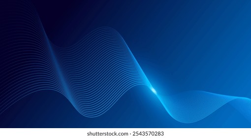 Abstrakte leuchtende Wellenlinien auf dunkelblauem Hintergrund. Dynamisches Wellenmuster. Moderne fließende Wellenlinien. Futuristisches Technologiekonzept. Anzug für Banner, Poster, Cover, Broschüre, Flyer, Website