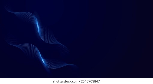 Abstract glowing wave lines on dark blue background. Dynamic wave pattern. Modern flowing wavy lines. Futuristic technology concept. Suit for banner, poster, cover, brochure, flyer, website