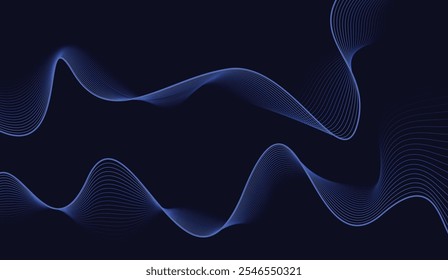 Linhas de onda brilhantes abstratas em fundo azul escuro Linhas onduladas de fluxo moderno