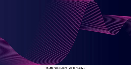 Líneas de onda brillantes Abstractas sobre fondo azul oscuro. Patrón de onda dinámica. Líneas onduladas que fluyen modernas. Concepto de tecnología futurista