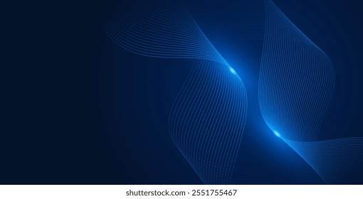Líneas de onda brillantes Abstractas sobre fondo azul oscuro. Patrón de onda dinámica. Líneas onduladas que fluyen modernas. Concepto de tecnología futurista. Traje para el Anuncio, cartel, cubierta, folleto, volante, Sitio web