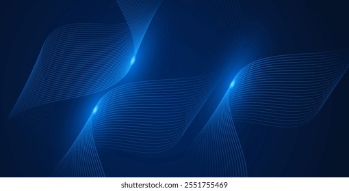 Linhas de onda brilhantes abstratas em fundo azul escuro. Padrão de onda dinâmico. Modernas linhas onduladas fluindo. Conceito de tecnologia futurista. Terno para banner, cartaz, capa, brochura, folheto, site