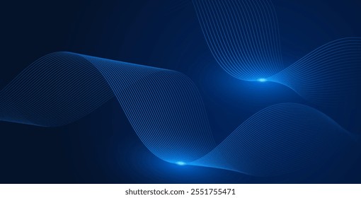Abstrakte leuchtende Wellenlinien auf dunkelblauem Hintergrund. Dynamisches Wellenmuster. Moderne fließende Wellenlinien. Futuristisches Technologiekonzept. Anzug für Banner, Poster, Cover, Broschüre, Flyer, Website